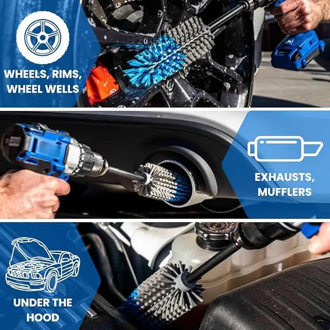Long Reach Drill Brush Attachment, All Purpose for Car Tires, Wheels, Wheel Wells, Engine Bays, Exhaust Pipes, Running Boards, Hard to Reach Areas, with Heavy Duty Non-Scratch Nylon Bristles by GreenHaven Gardens
