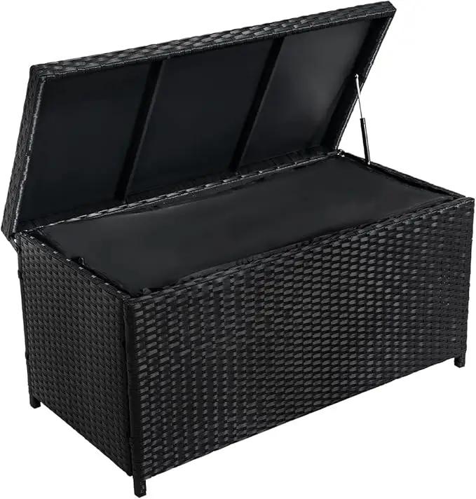 Outdoor 70 Gallon Wicker Storage Box with Waterproof Liner, Patio PE Rattan Storage Container for Outside, Deck Box with Hinged Lid for Cushions, Pillows, Towels, Horizontal Bin, Black by GreenHaven Gardens