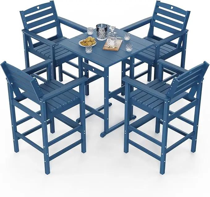 5-Piece Bar Height Outdoor Table and Chairs Set, HDPE Wood Grain Patio Bar Table and Chairs with Heart Cutout Design, Weather-Resistant Bar Height Furniture for Deck, Porch, Pool (Navy Blue) by GreenHaven Gardens
