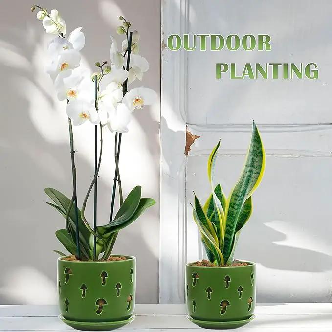 KERUITA Orchid Pots with Holes, 6 inch + 5 inch Orchid Planters with Dancing Mushroom Shaped Holes, Enhanced Drainage and Ventilation,Green Flower Pots for Indoor/Outdoor Plants for Repotting by GreenHaven Gardens
