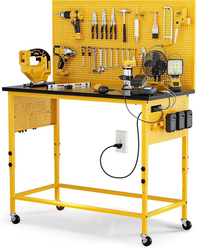 47" Heavy Duty Adjustable Workbench with Power Outlets, Pegboard & Locking Wheels - 2100LB Capacity Garage Work Table, Compatible with DeWalt Battery, Reinforced Steel Frame for Workshop & Home Use by GreenHaven Gardens