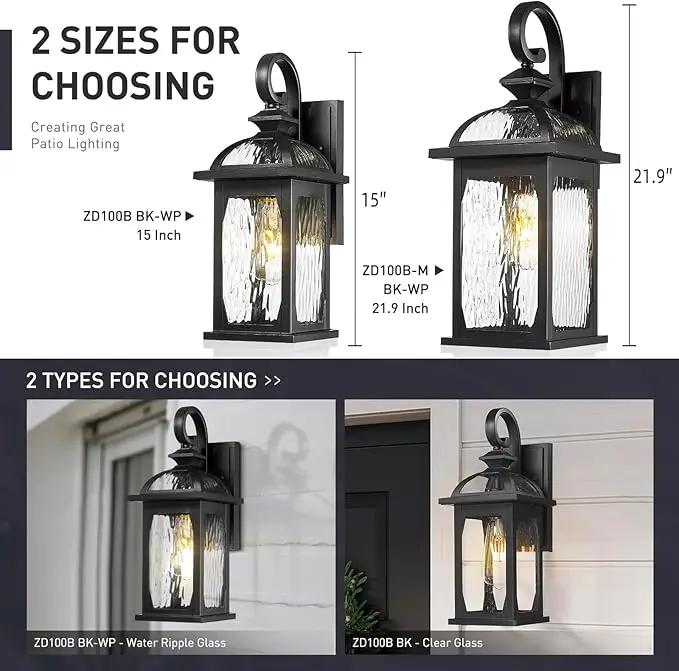 zeyu 2 Pack Outdoor Wall Lamps, 15-inch Black Exterior Light Fixtures for Patio House, Die-Cast Aluminum with Water Ripple Glass, Black Finish, ZD100B-2PK BK-WP by GreenHaven Gardens