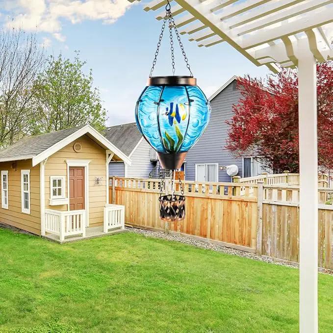 Blue Fish Hot Air Balloon Solar Lantern with Flickering Flame Light,Glass Hanging Solar Lanterns Outdoor Waterproof,Hot Air Balloon Decorative Lights for Patio Yard Porch Garden Gift for Women by GreenHaven Gardens