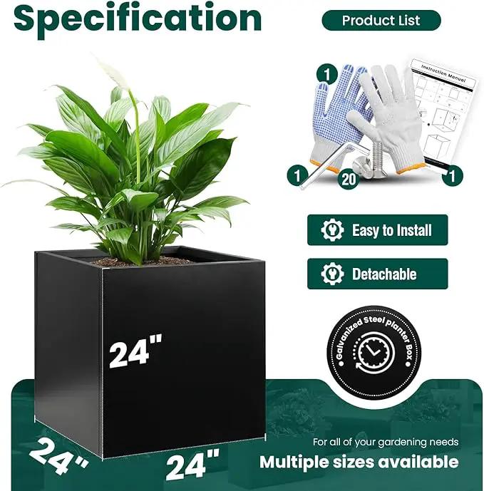 Galvanized Steel Planter Box Black Metal Planter Large Square Indoor Outdoor Planters Cube Steel Heavy Duty Flower Pot 24Inch Powder Coating Modern Commercial Residential for Patio, Deck, Yard, Garden by GreenHaven Gardens