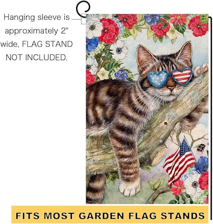 BLKWHT 4th of July Cat Garden Flag 12x18 Vertical Double Sided Red Blue Floral Memorial Day Independence Day Holiday Outside Decorations Burlap Yard Flag BW823 by GreenHaven Gardens