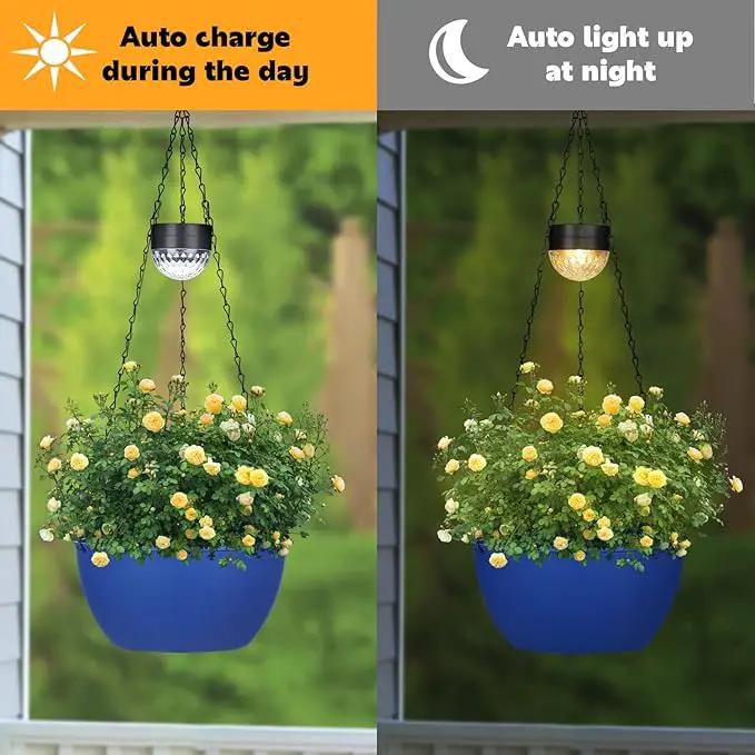 2 Packs Hanging Planters Basket for Outdoor Plants, Solar Powered Self Watering Blue Round Plastic Flower Pots with Drainer for Balcony Patio Garden Outdoor Decoration by GreenHaven Gardens