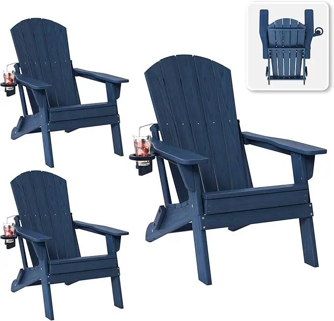 Folding Adirondack Chair Set of 3 with Cup Holder, HDPE All Weather Resistant Plastic Outdoor Patio Chairs, Heavy Duty Fire Pit Seating for Backyard Lawn Garden, Wooden Textured Design(Navy Blue) by GreenHaven Gardens