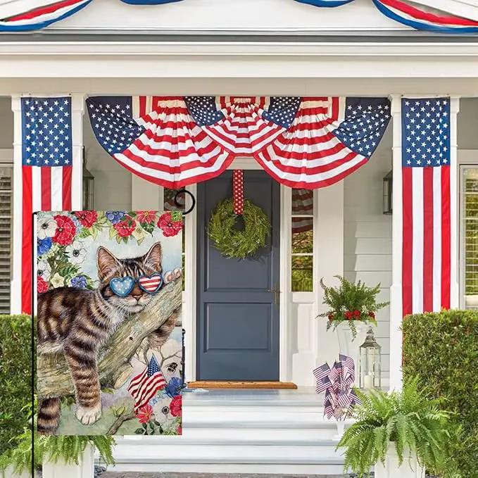 BLKWHT 4th of July Cat Garden Flag 12x18 Vertical Double Sided Red Blue Floral Memorial Day Independence Day Holiday Outside Decorations Burlap Yard Flag BW823 by GreenHaven Gardens