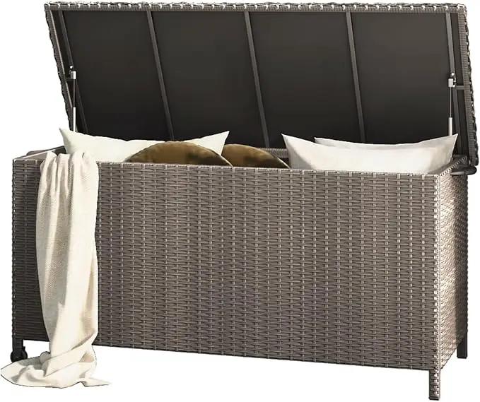 Grand patio 108 Gallon Deck Storage Box Indoor Outdoor Wicker Bin for Patio Furniture Cushions Garden Tools Pool Accessories, Greige by GreenHaven Gardens