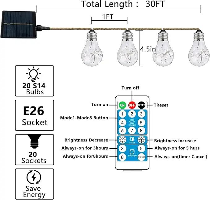 30FT Solar String Lights Outdoor Waterproof with Remote, 20 Edison Shatterproof Bulbs String Lights for Outside, Hemp Rope Solar Powered Lights with 8 Modes for Fence Tree Cafe Bistro Party by GreenHaven Gardens