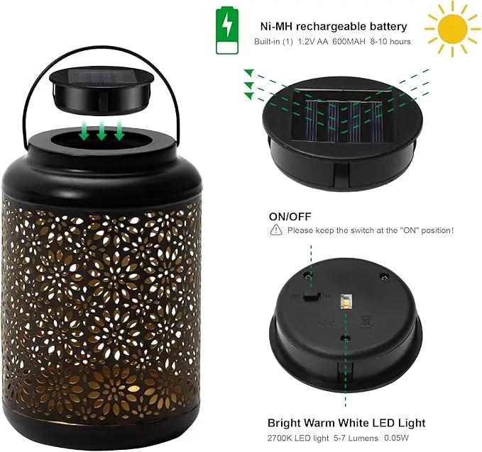 Glitzhome Solar Lantern Black Metal Cutout Flower Outdoor Hanging Solar Light with Handle for Garden Patio Yard Outdoor Decor by GreenHaven Gardens