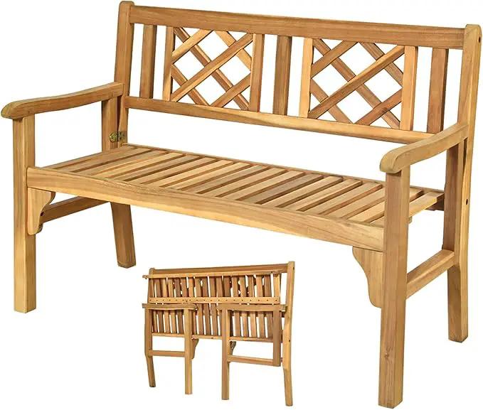 Tangkula Folding Outdoor Wood Garden Bench, Foldable Acacia Wood Patio Bench with Wide Curved Armrest & Backrest, Outside 2-Person Loveseat Chair for Entryway, Yard, Deck, Balcony & Park by GreenHaven Gardens