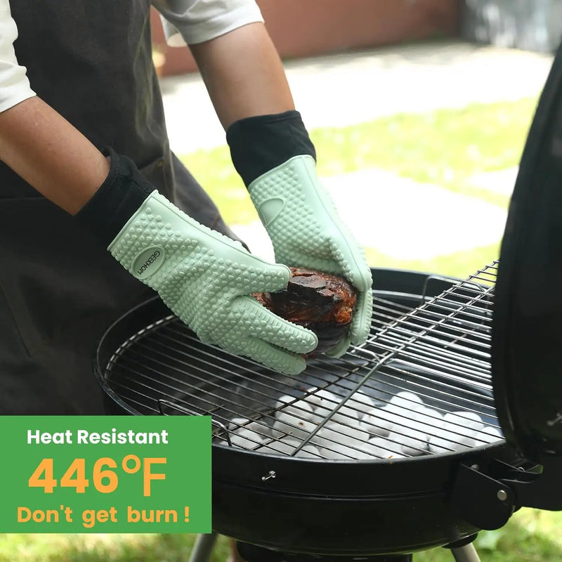 GEEKHOM BBQ Gloves Heat Resistant Oven Mitts - Silicone Grilling Gloves with 13.7" Arm Protection - Waterproof Pot Holder Non-Slip for Men & Women, Kitchen Outdoor Cooking, Baking, Camping, Mint Green by GreenHaven Gardens