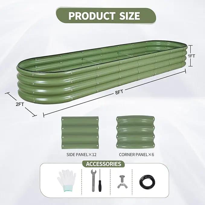 Galvanized Raised Garden Bed - 8x2x1FT Metal Planter Boxes Outdoor | Oval Steel Raised Bed Kit for Gardening with Protective Tape, Bracing Rods, Gloves for Vegetables, Flower, Herb (Green) by GreenHaven Gardens