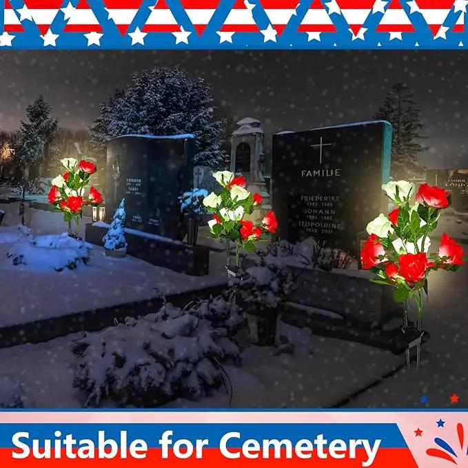 Woanger 4 Pcs Solar Flowers Cemetery Grave Decorations Outdoor LED Flower Lights with 6 Rose Powered Garden Stake Lights Waterproof for Independence Day Grave Decorations(Red, White) by GreenHaven Gardens