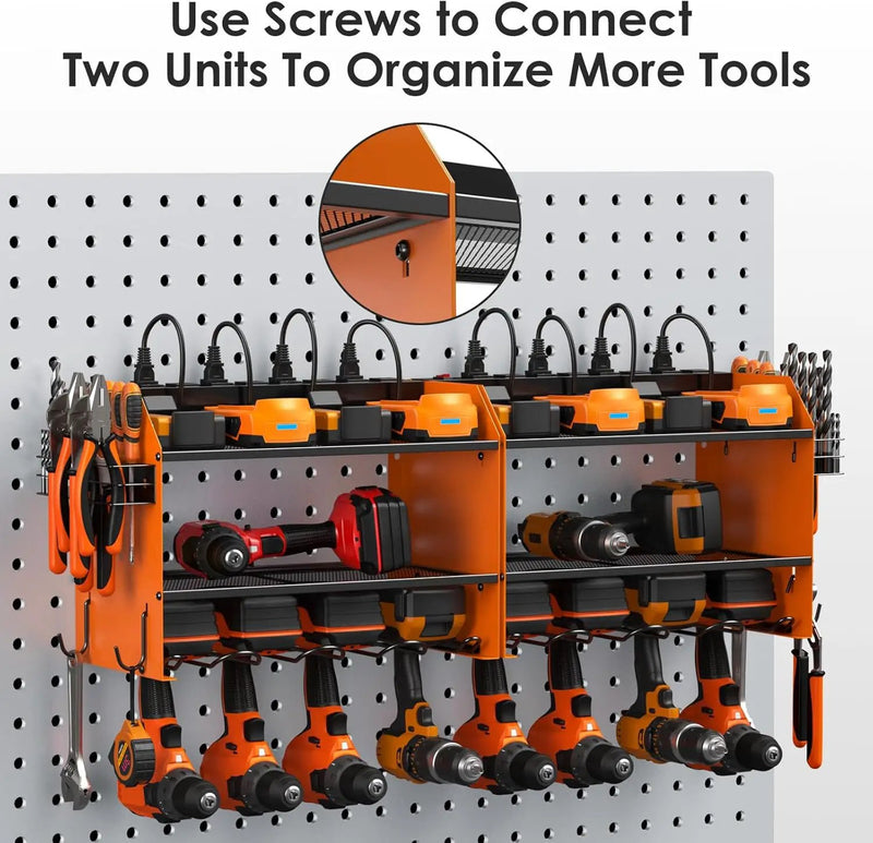 CCCEI Modular Power Tool Organizer Wall Mount with Charging Station. Garage 4 Drill Storage Shelf with Hooks, Drill Bit Heavy Duty Rack, Orange Tool Battery Holder Built in 8 Outlet Power Strip. by GreenHaven Gardens