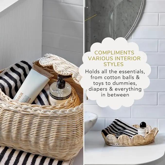 BEBE BASK The Original Scalloped Basket Set Of 2 – Small Scallop Basket - 15 x 10 x 6 In - Hand-Woven & Award-Winning - Elegant Wicker With Scalloped Edge Lid - Nursery Storage - (Natural) by GreenHaven Gardens