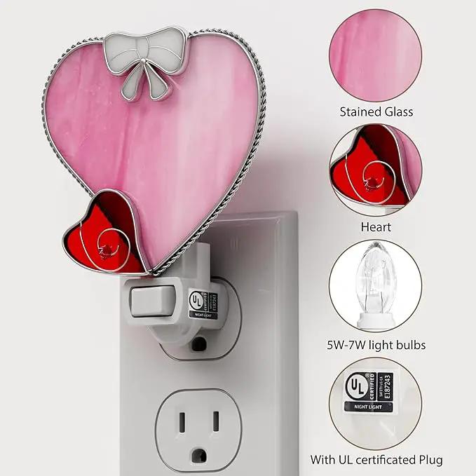 KY&BOSAM Plug in Pink Heart Night Light Stained Glass Nightlight Decorative Wall Night lights with On/Off Switch Come with 7 Watt Bulb Mother`s Christmas Valentine`s Holiday Spring & Winter Home Decor by GreenHaven Gardens