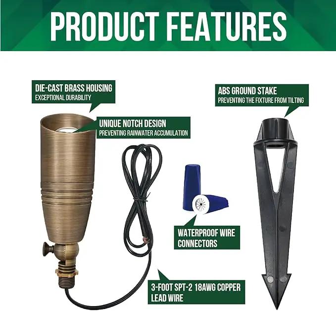 GKOLED Solid Brass Landscape Spotlight, 12V AC/DC Low Voltage Landscape Lights, Outdoor Directional LED Uplight Waterproof Fixture with ABS Spike, Garden Patio Trees Spot Up Light, No MR16 Bulb by GreenHaven Gardens