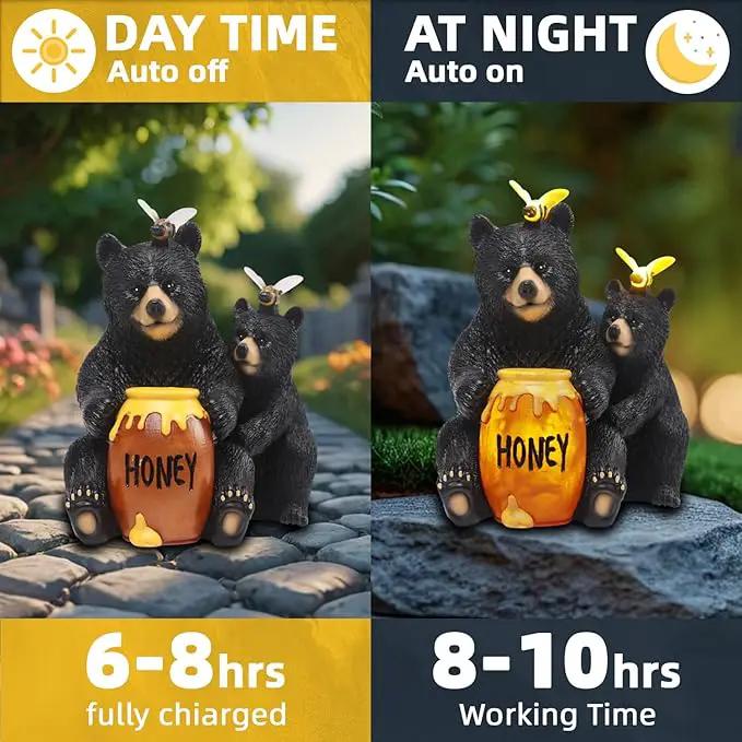 Solar Garden Decor Statues 7" Resin Mother&Cub Bear Figurines with Honey Jar Waterproof Black Bear Decor for Outside Yard Patio Porch Decoration Gift for Mom Grandma by GreenHaven Gardens