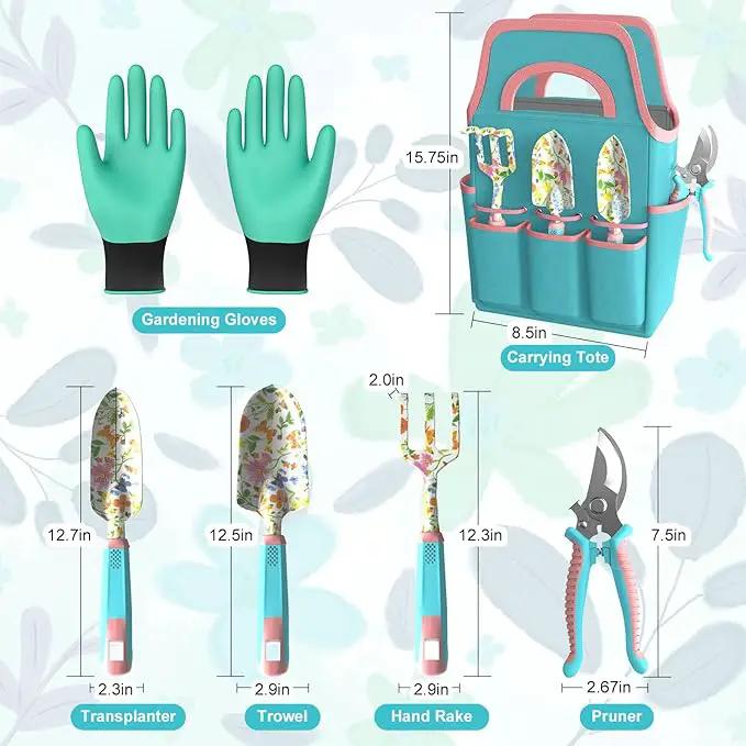 6 Pcs Garden Tool Set, Gardening Hand Tools Aluminum Alloy Starter Kit with Garden Bag, Heavy Duty Outdoor Tool Set with Ergonomic Handle, Gardening Gifts (Flower Pattern) by GreenHaven Gardens