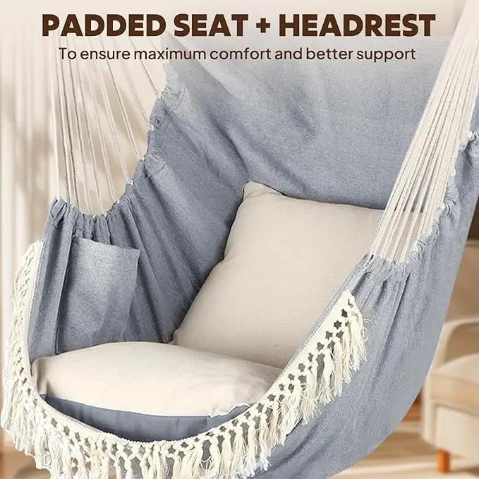 Chihee Hammock Chair Hanging Swing 2 Pillows Included,Strong Webbing Straps and Hooks for Easy Hanging Soft Cotton Hanging Chair Side Pocket Tassel Chair Comfort Indoor Outdoor Light Grey by GreenHaven Gardens