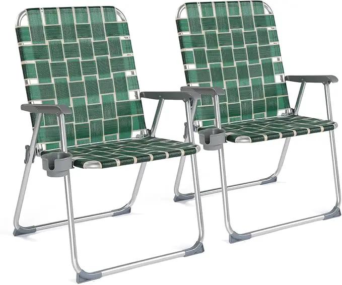 VINGLI Folding Webbed Oversized Lawn Chairs with Detachable Cup Holder, 300 LBS High Beach Chair for Adults Heavy Duty, Portable Aluminum Patio Chair for Yard, Garden, 2 Pack,Dark Green by GreenHaven Gardens