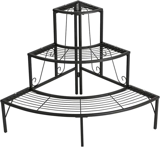 DOEWORKS 3 Tier Plant Stand Flower Pot Rack, Quarter Round Plant Corner Shelf Planters Display Holder orchid shelves for Indoor Outdoor Use, Black by GreenHaven Gardens