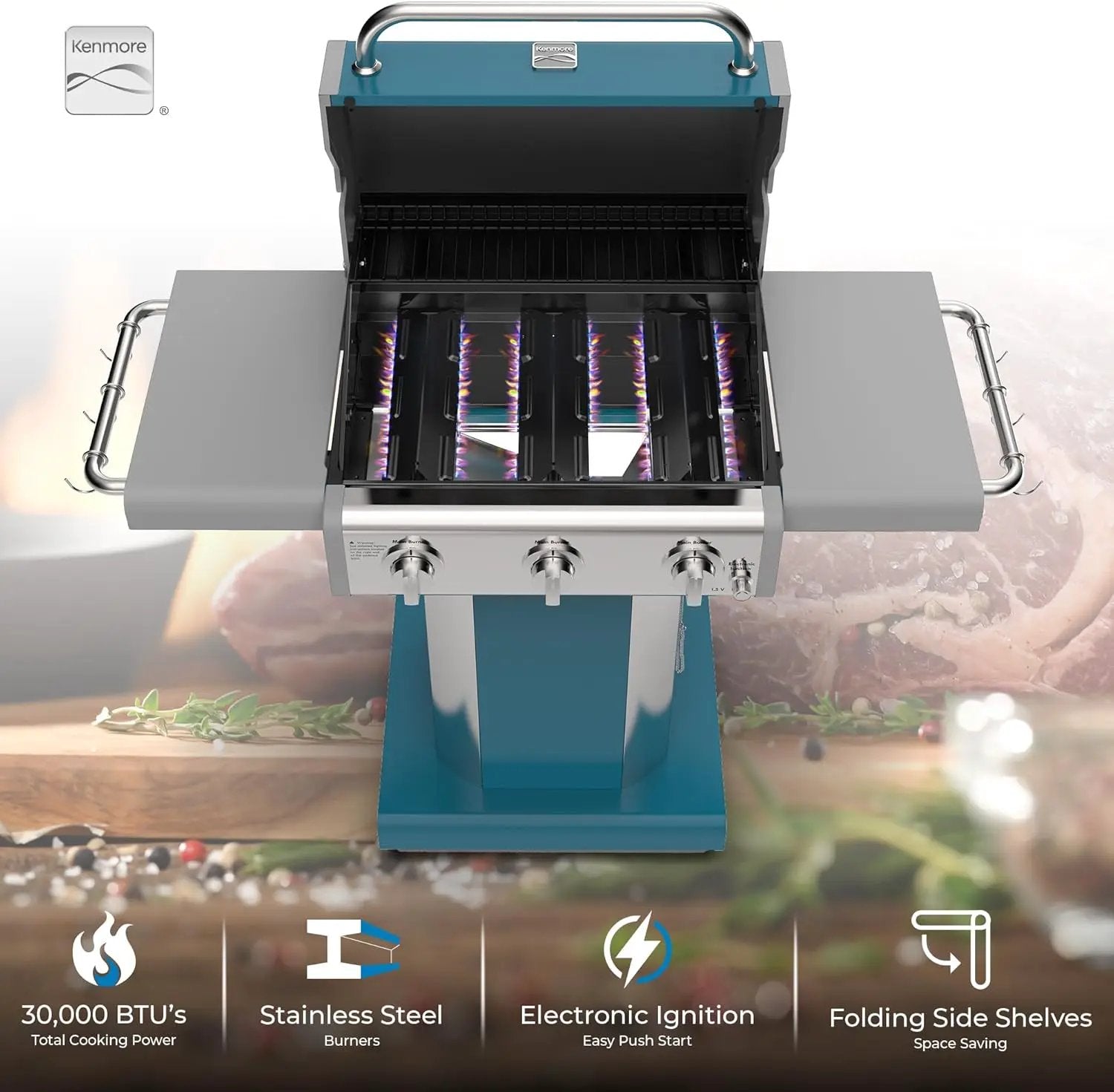 Kenmore 3-Burner Propane BBQ Grill, 30,000 BTUs Gas Grill with Cast Iron Cooking Grates, Folding Side Tables & Wheels, Outdoor Grill with Tool Hooks, Teal by GreenHaven Gardens