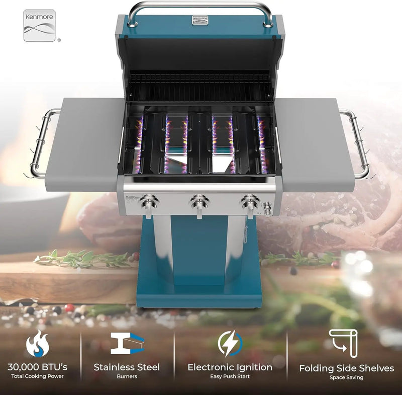 Kenmore 3-Burner Propane BBQ Grill, 30,000 BTUs Gas Grill with Cast Iron Cooking Grates, Folding Side Tables & Wheels, Outdoor Grill with Tool Hooks, Teal by GreenHaven Gardens