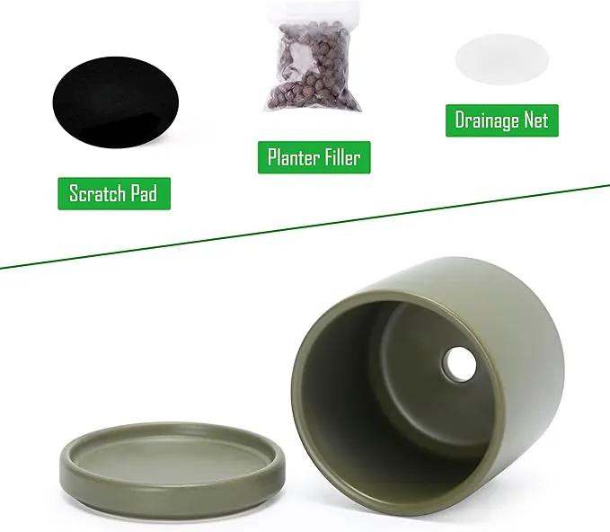D'vine Dev 3.5 Inch Ceramic Planter Pot with Drainage Hole and Saucer, Indoor Cylinder Round Planter Pot, Olive, 94-O-A-J by GreenHaven Gardens