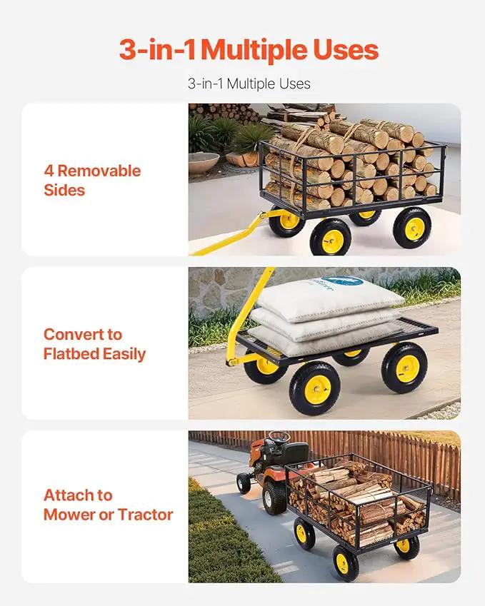 VEVOR 1400 Lbs Steel Garden Cart, Heavy Duty Pullable Garden Wagon Yard Cart, 2 in 1 Outdoor Metal Utility Wagon Yard Trailer with 13" All Terrain Tires, Mesh Removable Sides and 180°Rotating Handle by GreenHaven Gardens