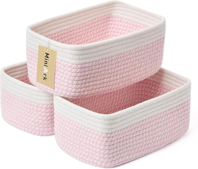 Small Storage Baskets for Organizing | Closet Organizer Bins | Shelf Toy Basket | Woven Rope Baskets | Cube Decorative Box | Shallow Basket | 11.5x7.5x4.7” | 3 Packs White Pink by GreenHaven Gardens
