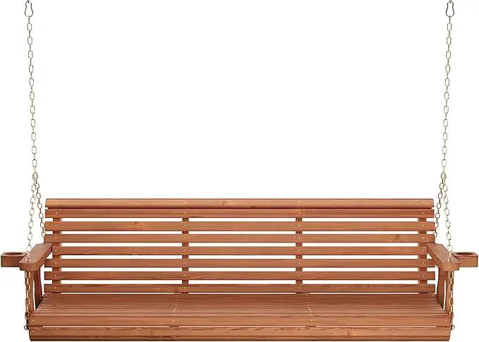 Amish Casual 6 Foot Roll Back Porch Swing with Cup Holders in Cedar Stain - Amish Made in The USA from Treated Pine Heavy Duty 700 Lb. Weight Capacity by GreenHaven Gardens