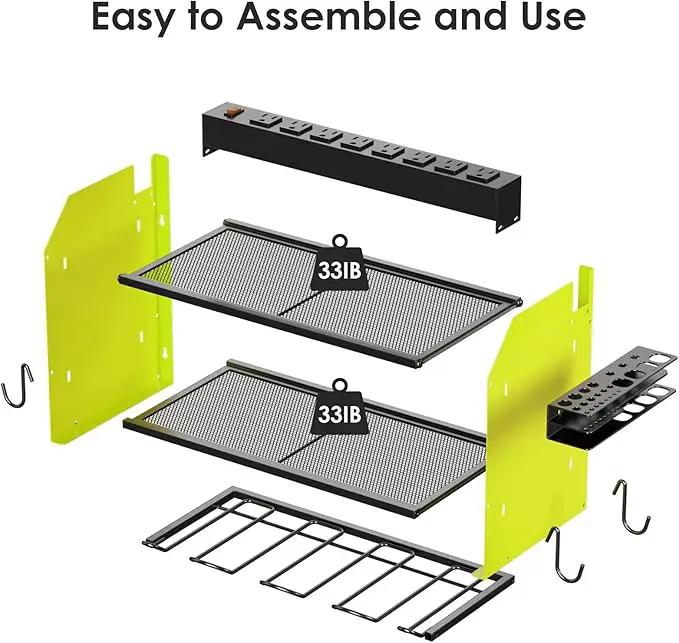 CCCEI Set Power Tool Organizer Wall Mount with Charging Station. Garage 4 Drill Storage Shelf with Hooks, Heavy Duty Metal Tool Battery Charger Organizer. Shop Utility Rack with Power Strip Green. by GreenHaven Gardens