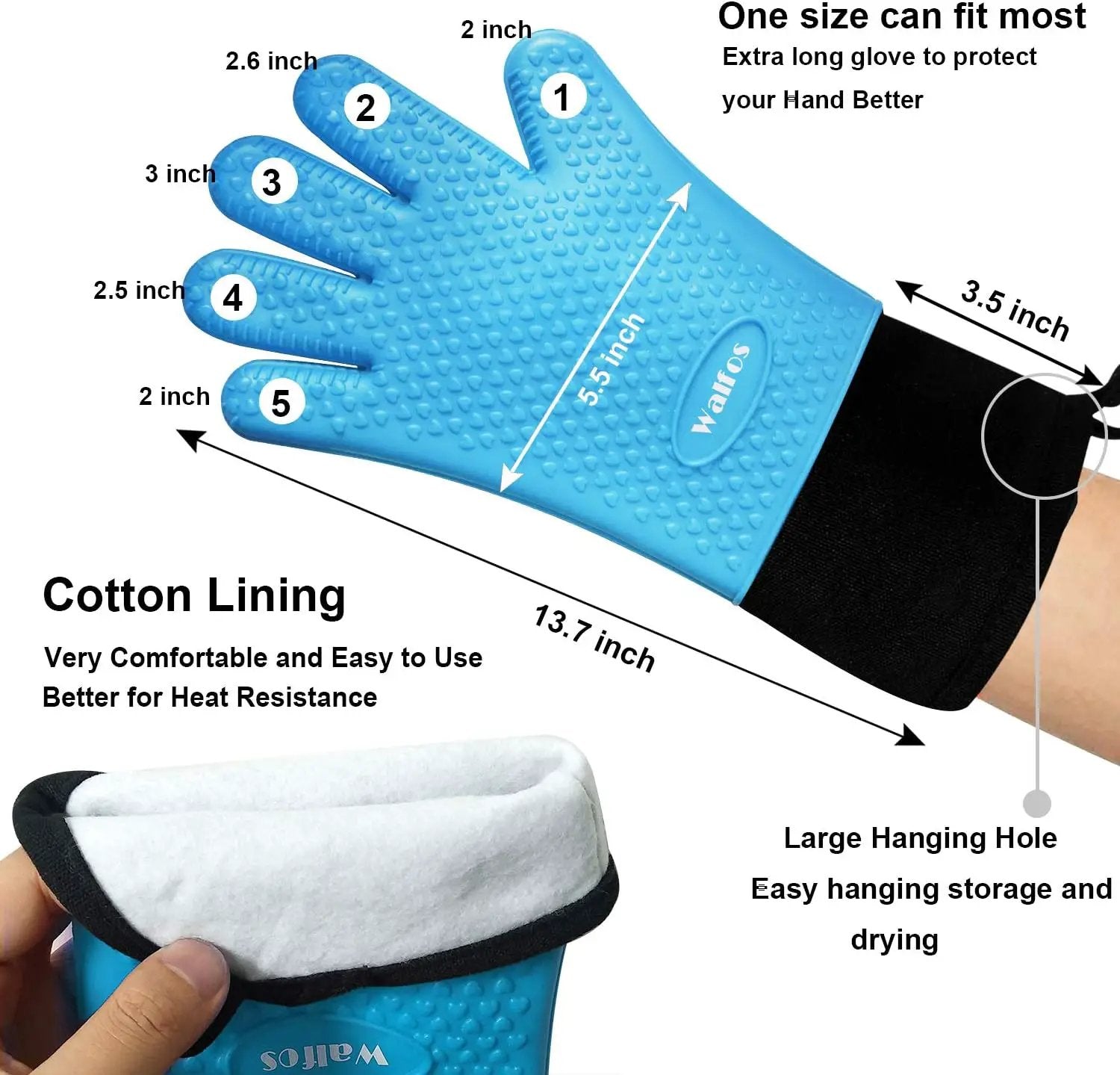 Walfos Silicone BBQ Gloves - Heat Resistant Grilling Gloves, Premium Non-Slip Kitchen Silicone Oven Mitt with Protective Cotton Layer Inside, Waterproof, Great for Grilling, Kitchen and Cooking, Blue by GreenHaven Gardens