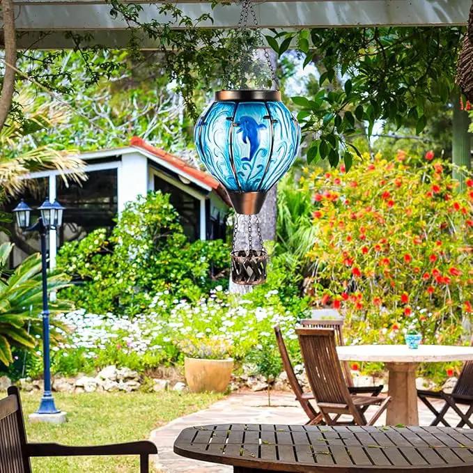 Blue Dolphin Hot Air Balloon Solar Lantern with Flame Flickering Light LED Glass Hanging Solar Lanterns Outdoor Waterproof Hot Air Balloon Decor for Patio Yard Garden Mother Day Gift for Women by GreenHaven Gardens