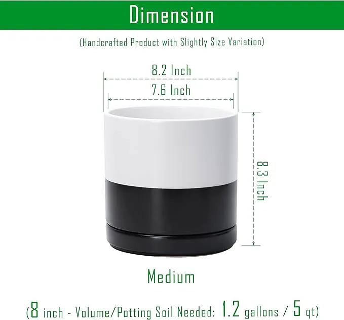 D'vine Dev 8.2 Inch Ceramic Planter Pot with Drainage Hole and Saucer, Indoor Cylinder Round Planter Pot, Layered Monochrome Black & White, 94-O-D-L by GreenHaven Gardens