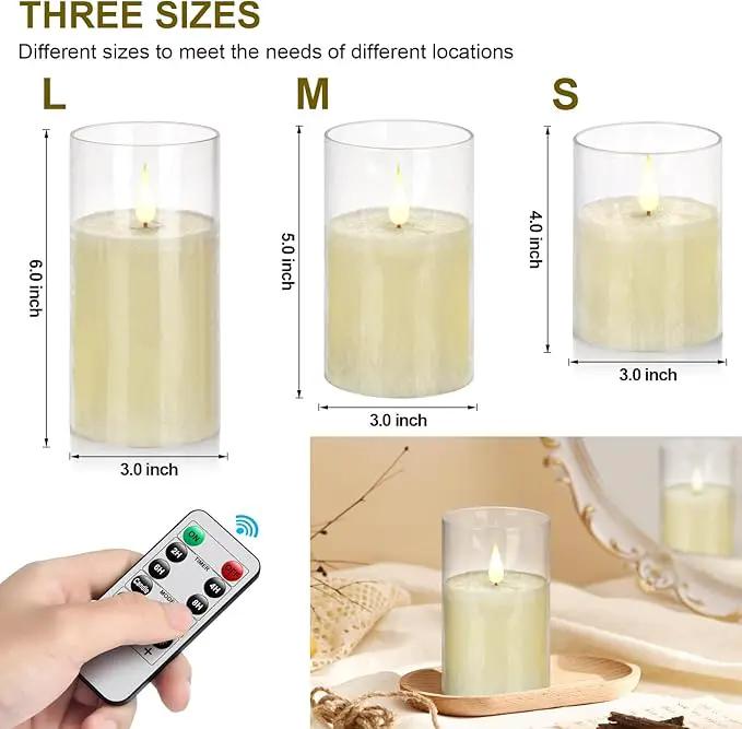 Flameless Flickering Remote Control Candle, Glass Pillar Candle,3 Pack (D:3"×H:4" 5" 6") LED 3D Flame Romantic Candle,Battery Operated Real Wax, Ideal for Wedding, Home Decor Holiday (Ivory) by GreenHaven Gardens
