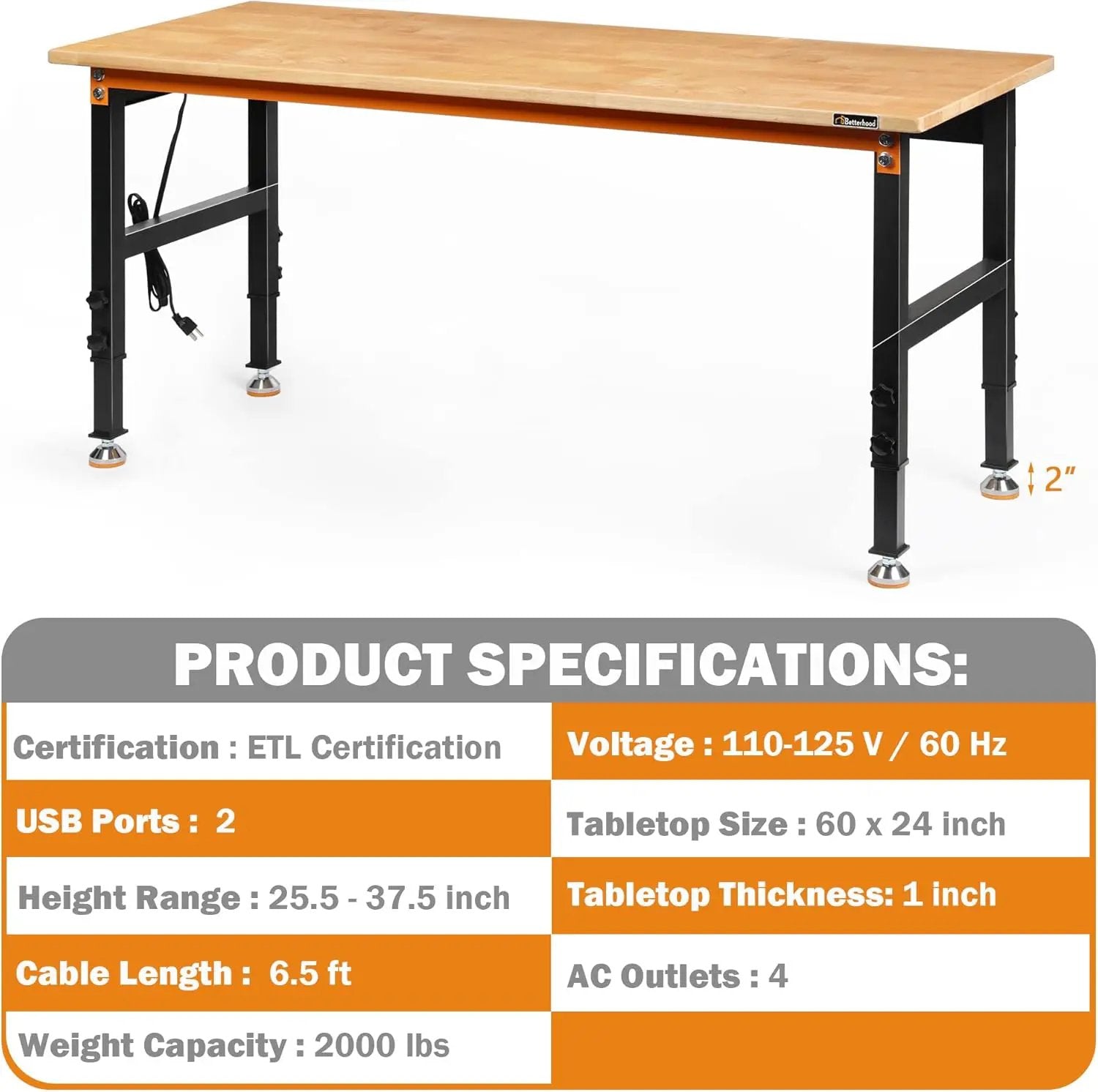 Adjustable Height Workbench, 60" Rubber Wood Top Heavy Duty Workstation with Power Outlets, 2000 LBS Load Capacity Hardwood Worktable for Workshop, Garage, Office, Home, Commercial by GreenHaven Gardens