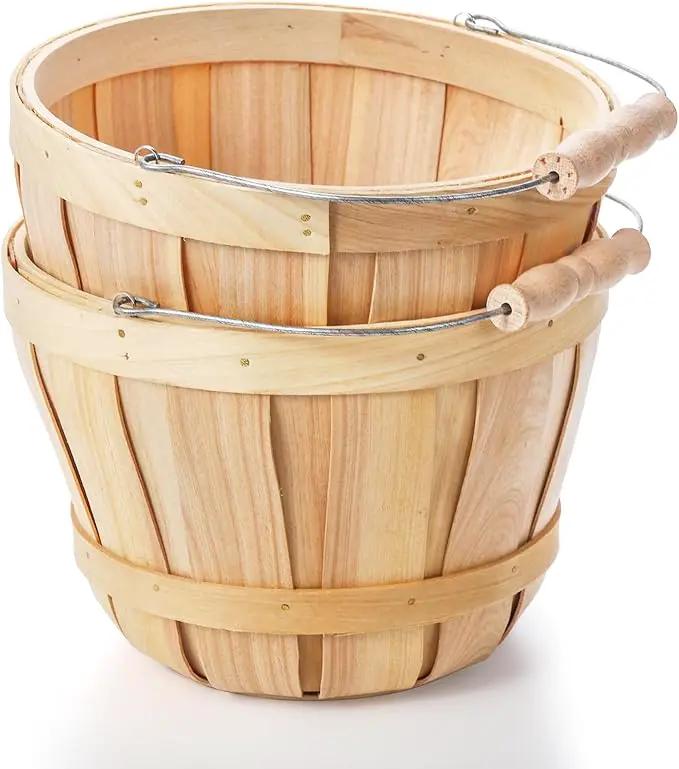 Okllen 2 Pack Round Wooden Baskets with Handle, Empty Wood Fruit Buckets, Easter Basket Fall Harvest Basket for Display Fruits Vegetables, Home Garden and Party Supplies, Natural Color by GreenHaven Gardens