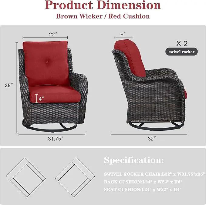 Outdoor Swivel Rocker Patio Chairs - 360 Degree Swivel Glider Seating Wicker Rocking Chairs Set of 2 with High Back Deep Seat for Porch Balcony Deck, Brown/Red by GreenHaven Gardens