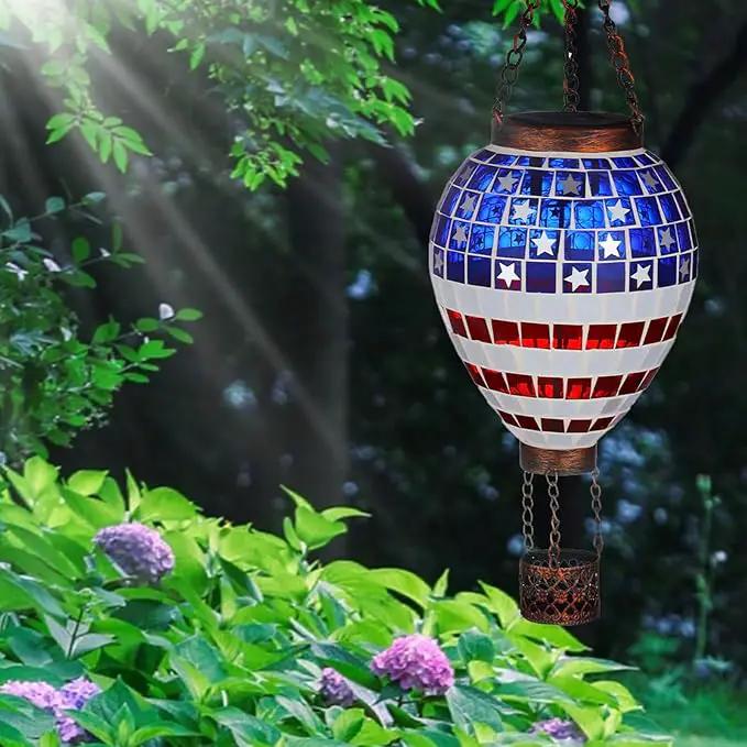 VOREEN American Flag Hot Air Balloon Solar Lantern, Mosaic Solar Outdoor Hanging Wind Light, IP44 Waterproof, Patio Festive Decor, Patriotic Theme, Easter Gifts for Mom Grandma by GreenHaven Gardens