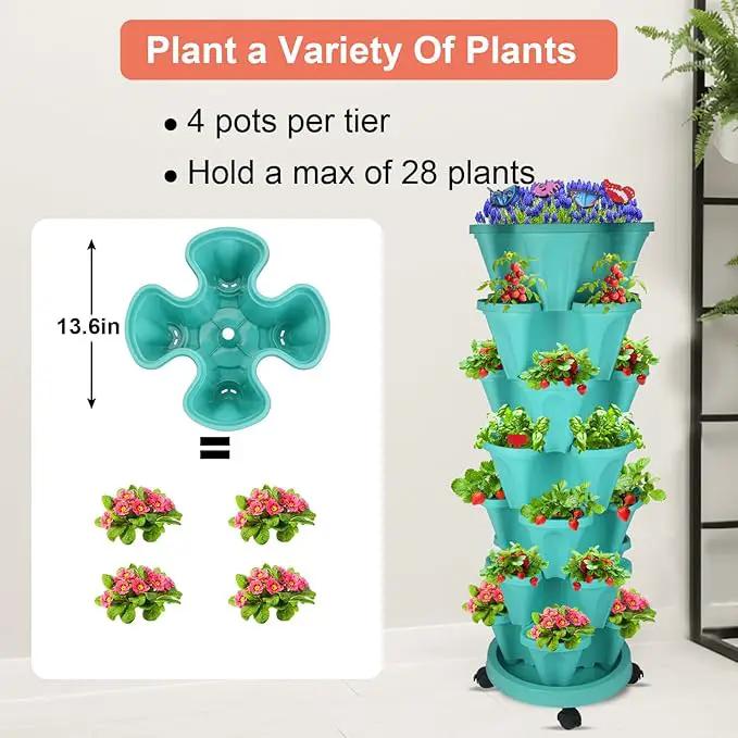 Vertical Planter, 7 Tier Stackable Strawberry Planter with Garden Tool Set, Movable Indoor/Outdoor Garden Herb Pot for Growing Vegetables and Succulents, Teal by GreenHaven Gardens