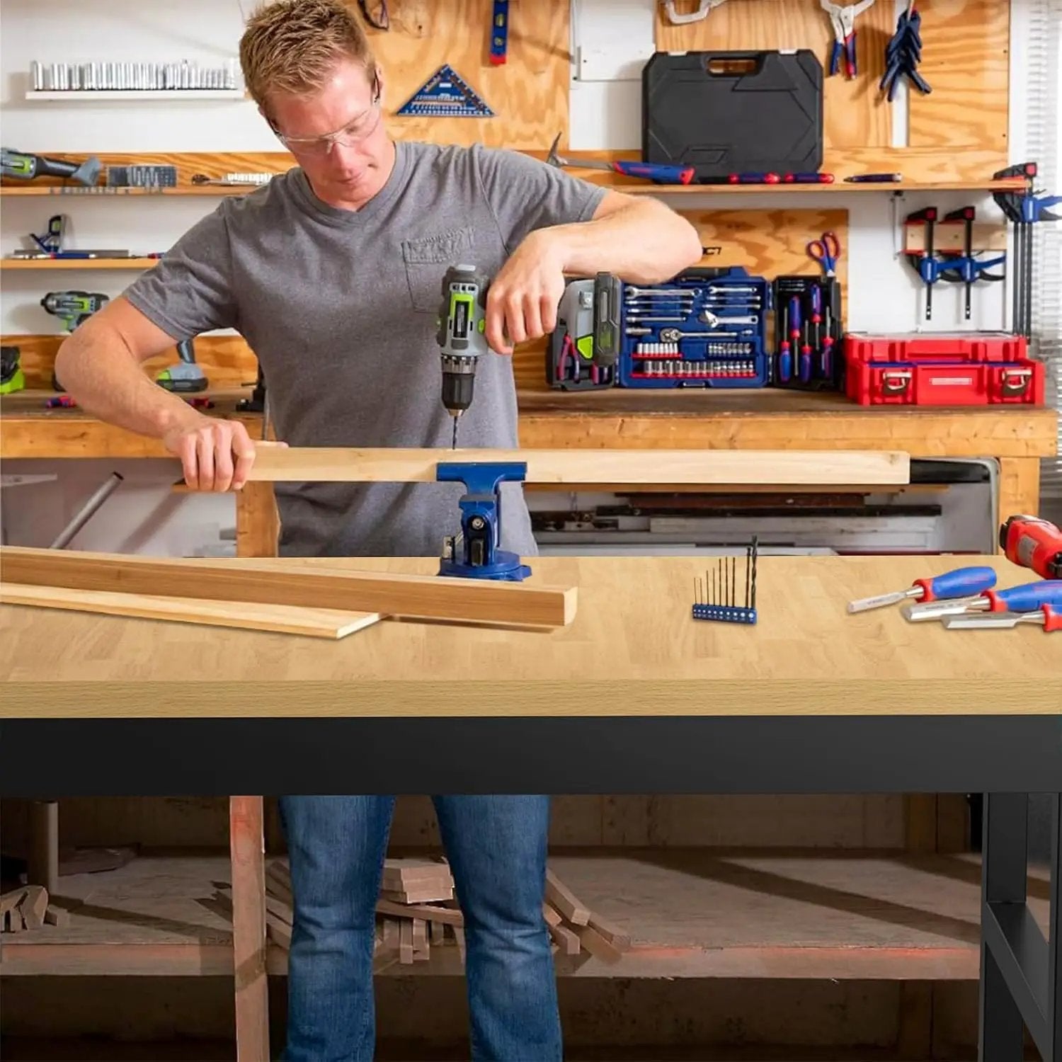48" Adjustable Workbench,Heavy-Duty Work Table,3000 LBS Load Capacity Hardwood Workstation with Wheels,for Workshop, Garage by GreenHaven Gardens