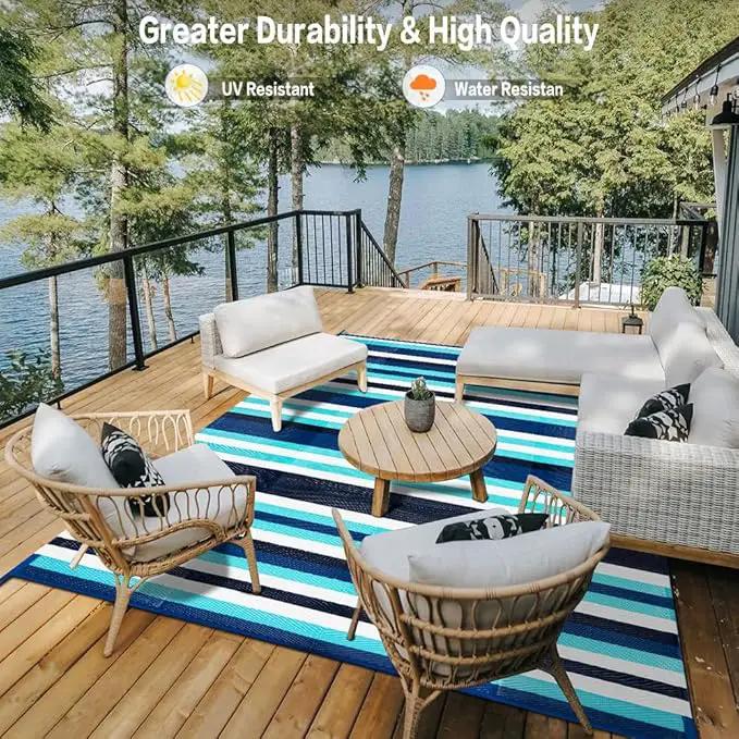 Outdoor Waterproof Rug 8'x10' Plastic Straw Rugs Washable Reversible Floor Mat Blue Stripe Carpet for Camping RV Deck Entryance Porch Picnic Balcony Beach Backyard by GreenHaven Gardens
