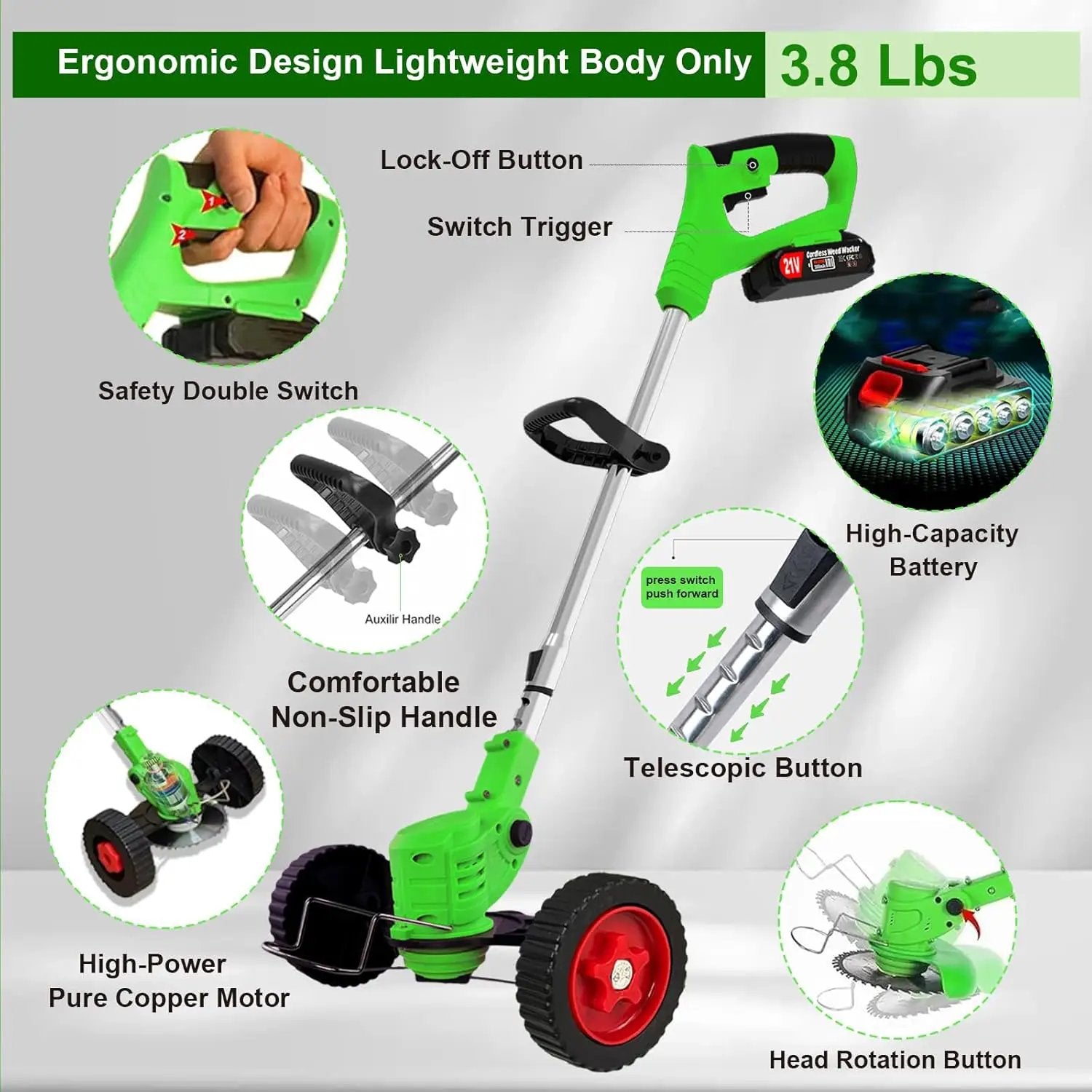 Electric Weed Wacker Eater Cordless Battery Powered, Weed Trimmer 21V Lightweight No-String with 2 Battery Operated & Wheels, 3 in 1 Stringless Grass Trimmer/Edger/Brush Cutter for Garden Yard Lawn by GreenHaven Gardens