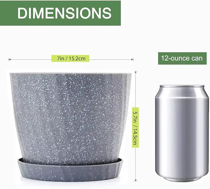 7 Inch Plant Pots Bulk, 6 Pack Plastic Planters with Drainage Holes and Saucers for Indoor Outdoor House Plants and Flowers, Grey by GreenHaven Gardens