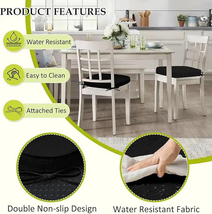 Chair Cushions for Dining Chairs, Indoor Chair Cushions with Ties，Waterproof Chair Pads Set of 4, Black, 17x16x2.5 Inch by GreenHaven Gardens