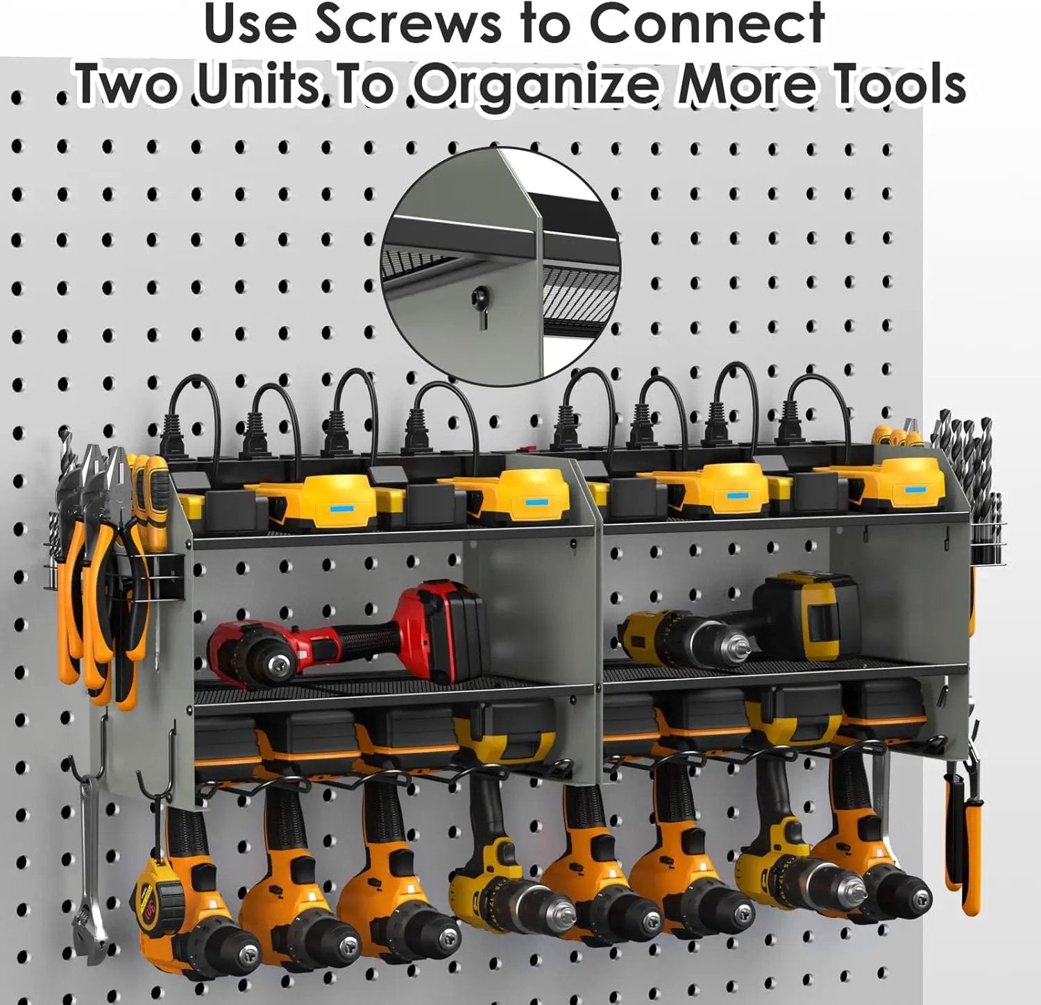 CCCEI Modular Power Tool Organizer Wall Mount with Charging Station. Garage 4 Drill Storage Shelf with Hooks, Drill Bit Heavy Duty Rack, Grey Tool Battery Holder Built in 8 Outlet Power Strip. by GreenHaven Gardens